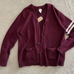 NWT Lands End Canvas Varsity Cardigan in burgundy with white stripe XL